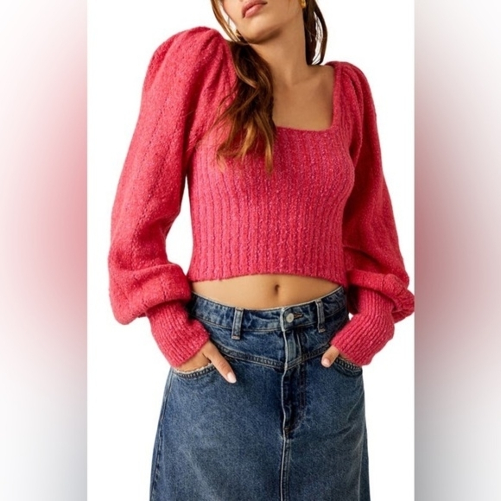Free People Pink Puff Sleeve Cropped Scoop Neck Sweater